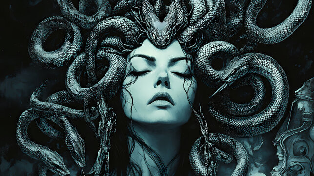 Coils of venomous serpents adorn the gorgon's scalp, as her petrifying gaze, etched with ancient resentments, freezes all who dare to behold her timeless visage. Hydra Rising. Illustration