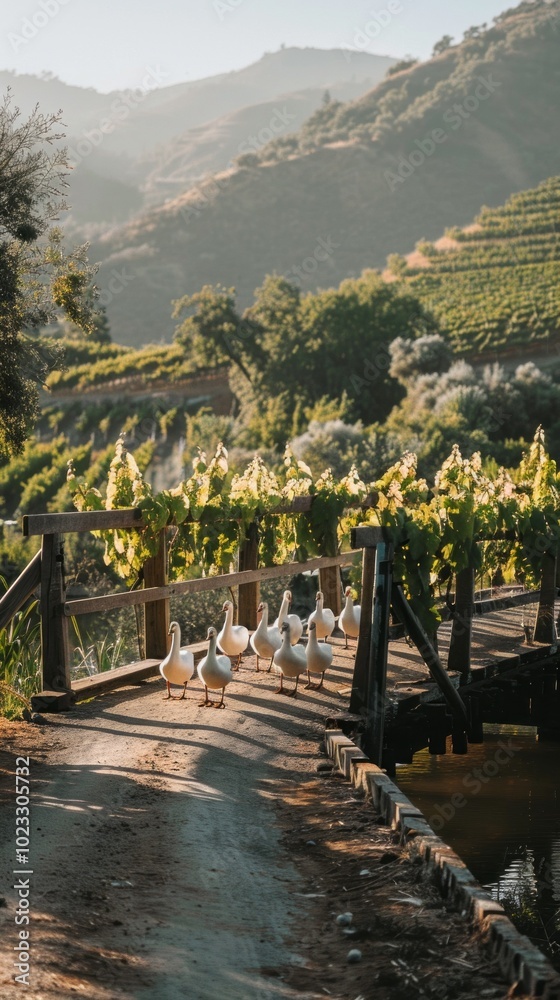 Poster a group of ducks walk across a bridge over a road