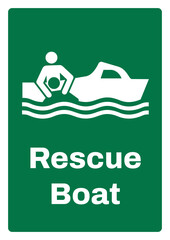 OSHA/ANSI emergency and first aid safety signs sentence case text_rescue boat_portrait size a4/a3/a2/a1	
