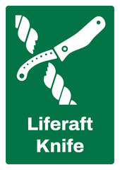 OSHA/ANSI emergency and first aid safety signs sentence case text_liferaft knife_portrait size a4/a3/a2/a1	
