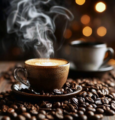 Vintage coffee cup and saucer on old table, vintage photo effect.