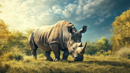 Obraz premium A massive rhinoceros grazing in the wild, with surrounding terrain perfect for copy space