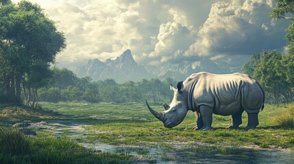 Fototapeta premium A massive rhinoceros grazing in the wild, with surrounding terrain perfect for copy space
