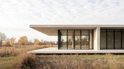 Fototapeta premium A minimalist concrete and glass pavilion surrounded by open landscape. Copy space available