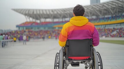 Obraz premium Individual in a wheelchair at a lively stadium event, showcasing inclusivity and community spirit.