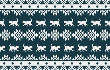 Cat pattern. Seamless. White stripes, colorful background. Ethnicity. Floral patterns, printed fabrics, pants, Lanna.	