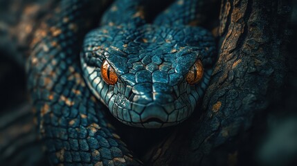 Fototapeta premium Close-Up of a Vibrant Blue Snake with Striking Orange Eyes Resting on a Tree Branch in a Natural Habitat