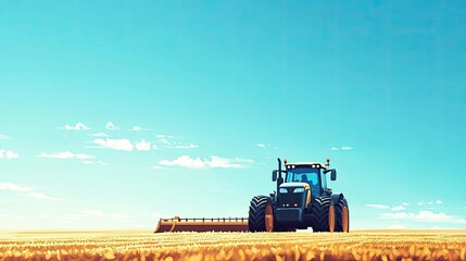 Obraz premium A modern tractor plowing a field under a bright blue sky. Room for text above the horizon
