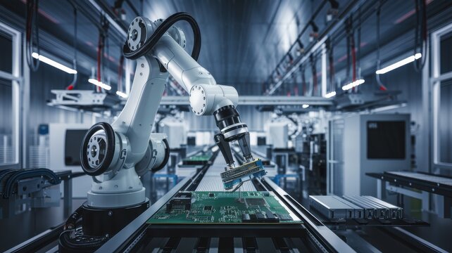 Robotic arm assembling circuit boards in modern industrial environment.
