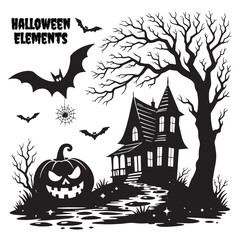 Halloween Silhouette Elements in white Background