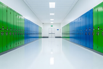 Obraz premium School Hallway with Blue and Green Lockers | Vibrant Educational Environment for Students