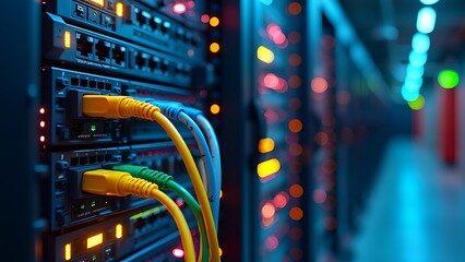 closeup of an internet cable being connected the end port on one side and a network switch with blue wires connected in between on top of it is a colorful display panel showing data flow Generative AI