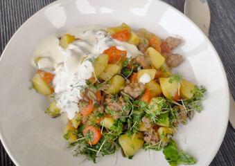 Eintopf mit Hackfleisch, Kartoffeln, Sprossen und Sauerrahm