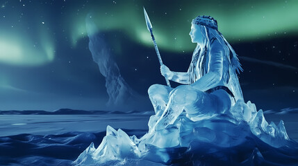 Obraz premium Arctic serenity: 3d ice carving of inuit woman with spear in frozen landscape under aurora borealis. Inuit Ice Sculptures. Illustration
