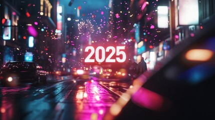 A lively urban scene featuring 2025 glowing amidst a backdrop of joyful celebrations and colorful lights.