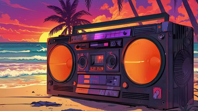 A vintage boombox with vibrant orange speakers sits on the beach at sunset, surrounded by palm trees and calming ocean waves, lofi style manga cozy chill relaxing created with generative ai
