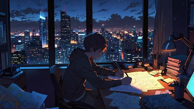 A young Asian male focused on drawing maps at a desk, illuminated by city lights through a window, creating a serene night atmosphere, lofi style manga cozy chill relaxing created with generative ai