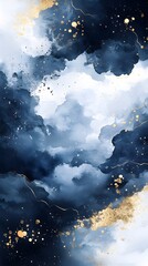 Watercolor, indigo blue ink flowing in water, white background with gold glitter