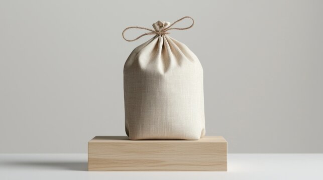 chic, renewable packaging concept featuring beige fabric bag tied with twine, elegantly placed on wooden block. This design emphasizes sustainability and style