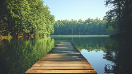 Obraz premium A wooden dock leading to a serene lake, surrounded by trees. Room for text in the clear sky above