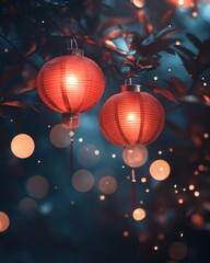 Fototapeta premium Traditional red lanterns hanging closely, illuminated softly with golden bokeh in the background, capturing the vibrant spirit of Chinese New Year.