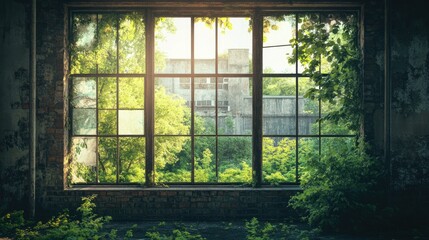 An abandoned warehouse with large, empty windows, framed by nature taking over. Space for text or designs
