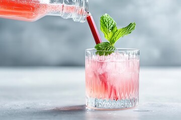 A bartender pouring a vibrant pink rhubarb vodka cocktail into a stylish glass, garnished with a rhubarb stalk, [National Rhubarb Vodka Day], [craft cocktails, seasonal drink], ,