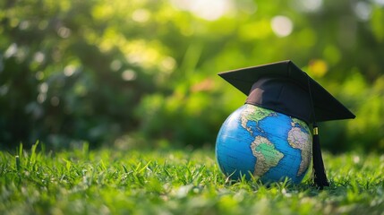 Graduation cap with Earth globe. Concept of global business study, abroad educational, Back to School, Study abroad business in universities