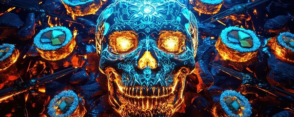 Fototapeta premium Intricate neon skull design surrounded by glowing patterns, evoking a mystical ambiance perfect for artistic projects.