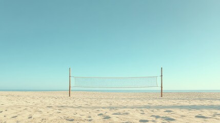 Beach volleyball net on an empty sandy shore, with space for text in the clear sky