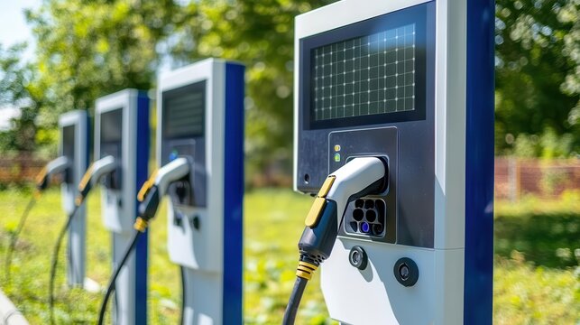Close-up of electric car charging stations arranged in a row, showcasing modern technology in a green outdoor setting.