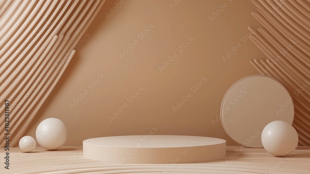 Poster a minimalist design studio with soft beige tones and geometric shapes creating a serene display of f