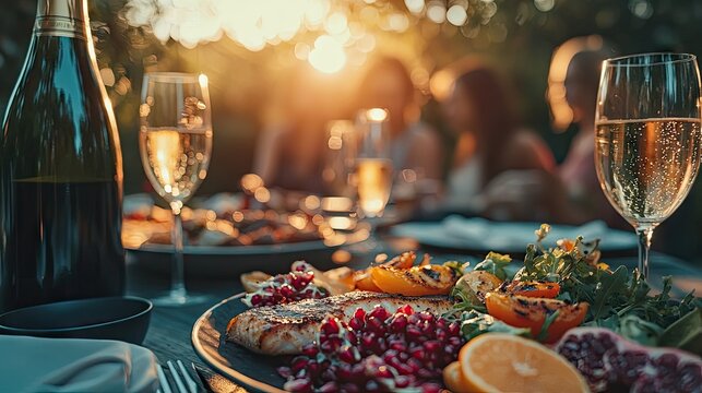 Food photography , outdoor event in the garden ,early sunset , variety of colorful salads ,big pomegranate , grilled fish dishes , champagne bottle 