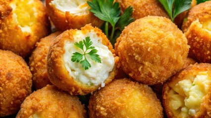 Extreme Close up of Crispy Fried Cheese Balls with Creamy Filling