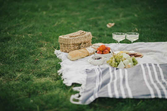 Cozy summer picnic on green meadow with fresh fruits, cheese and cold champagne. - Powered by Adobe