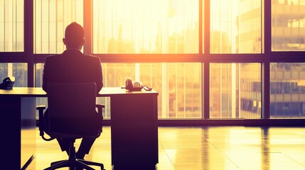 Fototapeta premium Man sitting alone in an empty office, gazing at an empty desk with a few personal items, symbolizing job loss and layoffs, conveying a sense of uncertainty and reflection