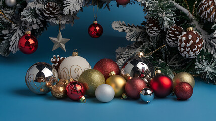 Christmas ornaments red and silver on blue background festive holiday decor. 
