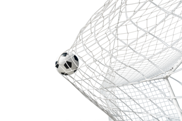  Soccer ball in soccer goal net . Close-up textured soccer net on soccer goal isolated on free PNG Background.