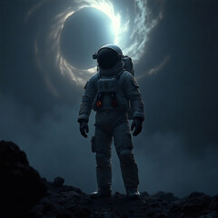 Astronaut stands on an exoplanet surface, an astral phenomenon in the sky,  dark primordial planet, High detail illustration