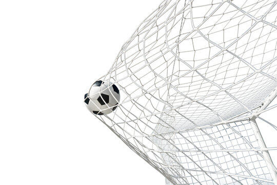  Soccer ball in soccer goal net . Close-up textured soccer net on soccer goal isolated on free PNG Background.