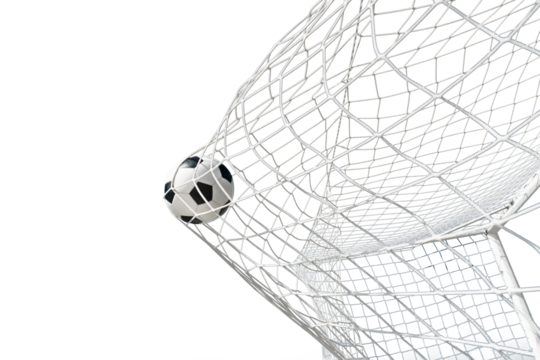  Soccer ball in soccer goal net . Close-up textured soccer net on soccer goal isolated on free PNG Background.