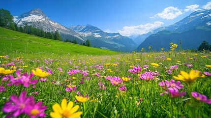 Obraz premium Landscape of the Alpine mountains during springtime, with a vast meadow filled with wildflowers
