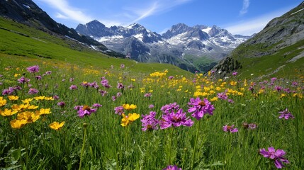 Obraz premium Landscape of the Alpine mountains during springtime, with a vast meadow filled with wildflowers