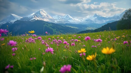 Fototapeta premium Landscape of the Alpine mountains during springtime, with a vast meadow filled with wildflowers
