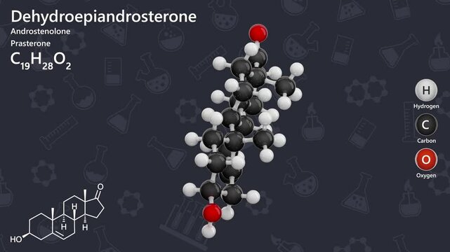 Molecule of Dehydroepiandrosterone (C19H28O2) or DHEA, is a naturally occurring steroid hormone. It serves as a precursor to sex hormones like testosterone and estrogen. Dark background. 3D render.