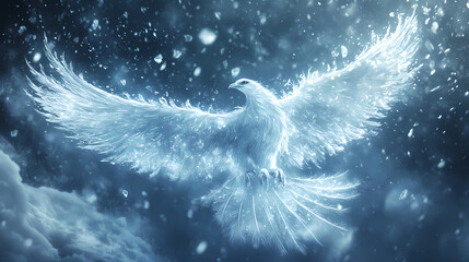 Obraz premium Frost phoenix a creature of ice and snow reborn from a glacier soaring through a blizzard with wings of shimmering frost. Frost Phoenix. Illustration