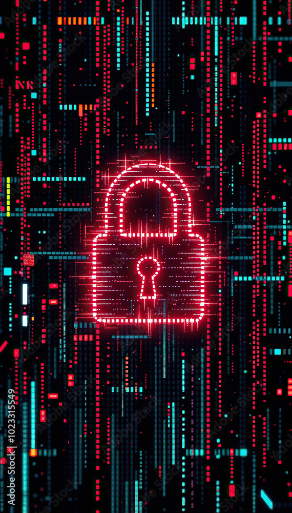 Aufkleber digital cyber security concept with glowing glitched padlock icon on advance tech circuit board background vertical photo format