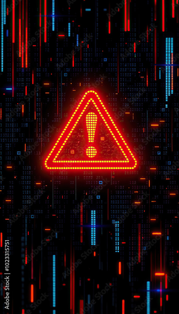 Poster neon warning sign with exclamation mark against futuristic digital background technology cyber secur