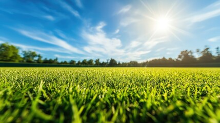 Empty baseball field with bright green grass under a sunny summer sky. Ample space for copy above