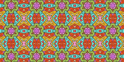 A traditional batik texture featuring vibrant geometric shapes and intricate patterns in bold colors like green, orange, blue, yellow, and purple, offering a rich and lively design.